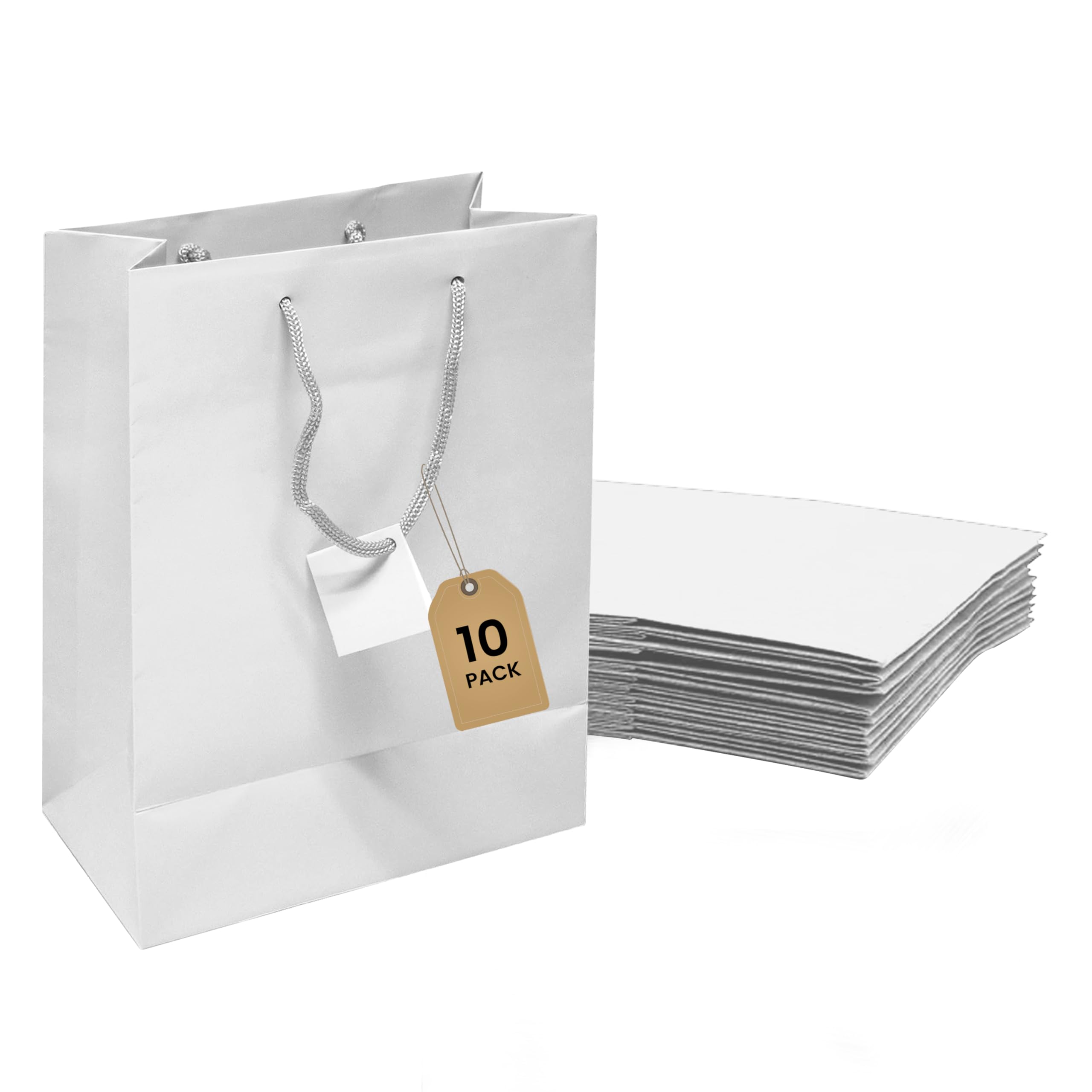 Novel Box White Gift Bags with Handles - 10 Pack - 4.75x3.25x6.75 inch Small Paper Bags for Bulk Gifts, Business & Birthdays