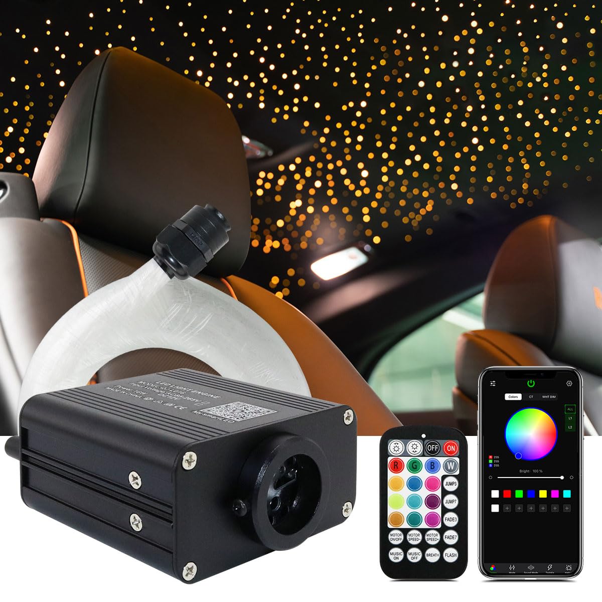 Callsky Updated 16W RGBW Fiber Optic Light Twinkle&Sound Activated Mixed 460pcs 9.8ft Cables APP Remote Music Control Car Home Starlight Headliner Star Ceiling Light Kit 0.03in 0.04in 0.06in Strands