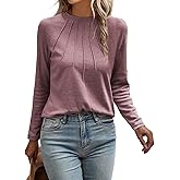 EVALESS Womens Casual Spring Summer Tops 2025 Trendy Crewneck Long Sleeve Shirts Basic T Shirts Loose Fit Pleated Tee Blouses