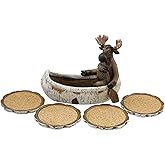 Decorative Moose Canoeing Coaster Set - 4 Rustic Cork Coasters & Holder Set