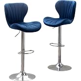 Roundhill Furniture Ellston Velvet Adjustable Swivel Barstools in Blue, Set of 2