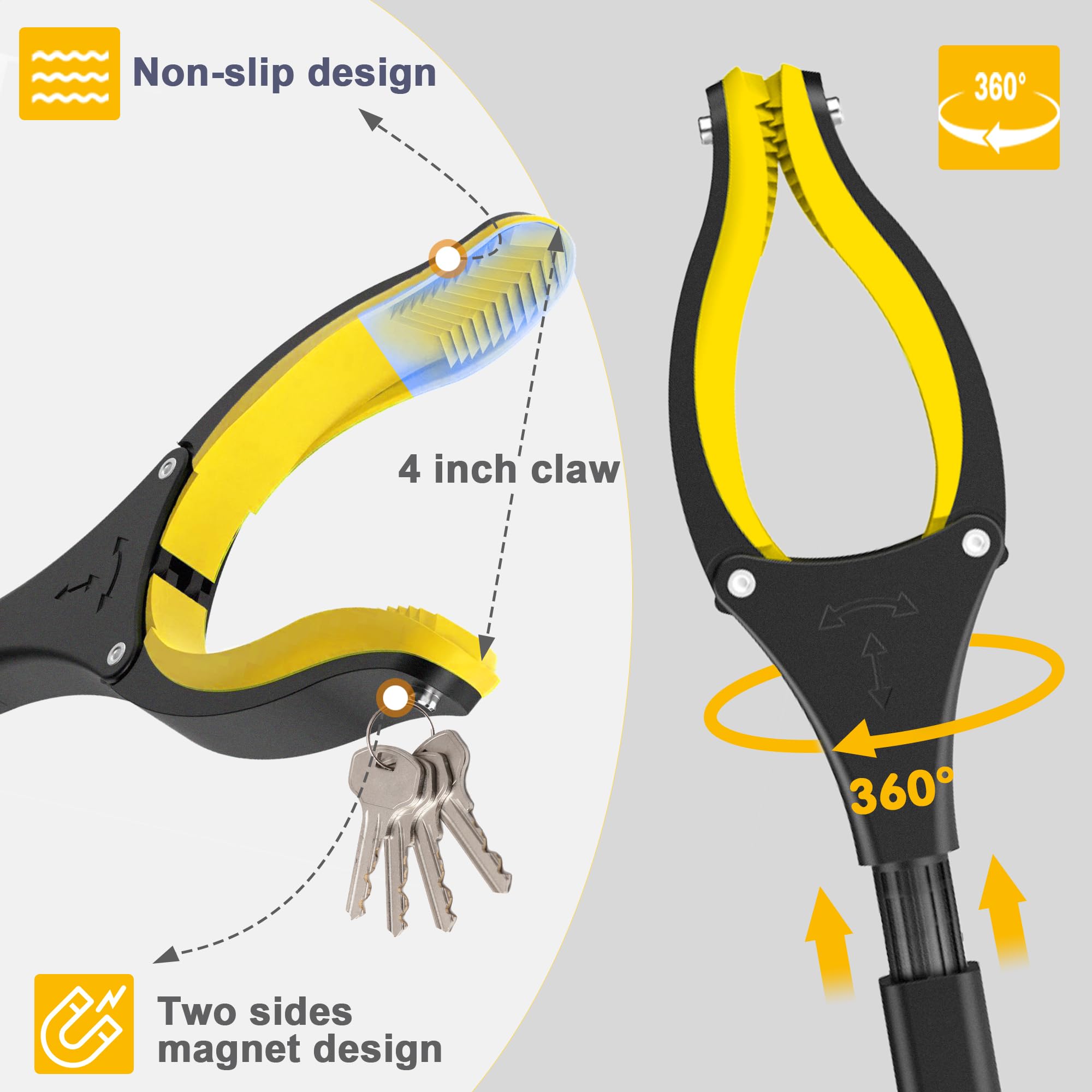 44 Inch Extra Long Grabber Reacher Tool，Foldable Trash Pick Up Stick for Seniors with Strong Grip Magnetic，360°Rotating Anti-Slip Jaw 4