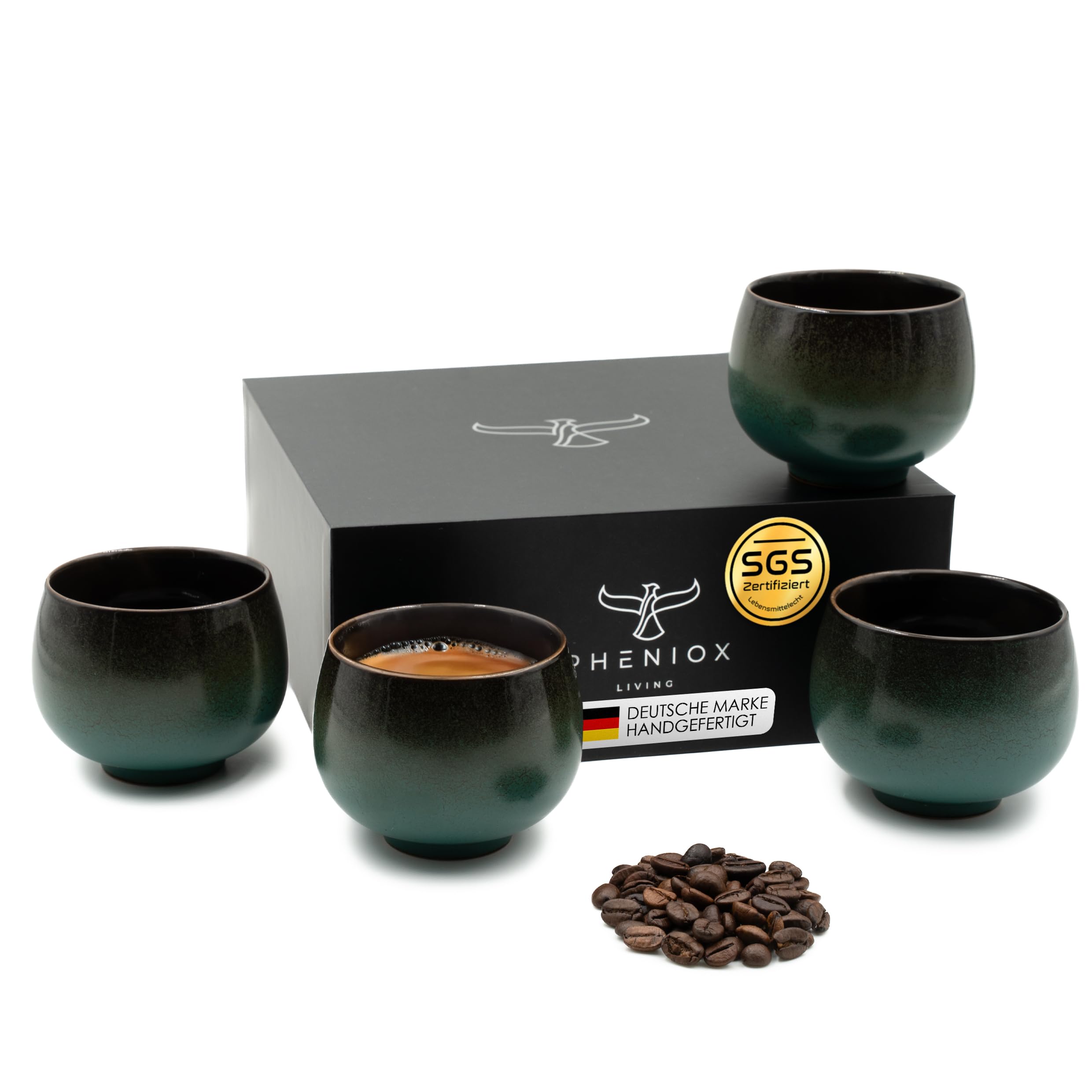 Pheniox Cappuccino Jade Cups Set of 4 160 ml High-Quality Stoneware Coffee Cups Without Handle Gift in Modern Design Espresso Mocha Cappuccino Tea