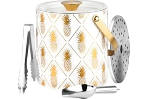 Bakpoco Insulated Ice Bucket for Parties with Lid, Strainer, Ice Scoop & Tongs, 3L Double Wall Stainless Steel Champagne Buckets for Cocktail Bar, Gold White Ice Container Home or Outdoor Wine Chiller
