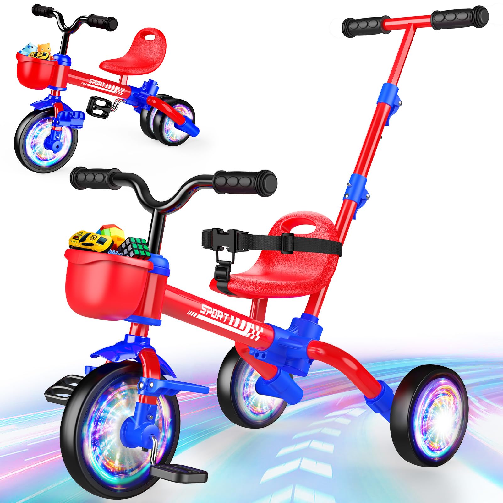 5-in-1 Toddler Tricycle for 1-5 Years Old, Balance Bike with Removable Pedals, Adjustable Parent Push Handle & Seat belt, Adjustable Seat with Basket, Outdoor Riding Toys Birthday Gifts for Boys Girls