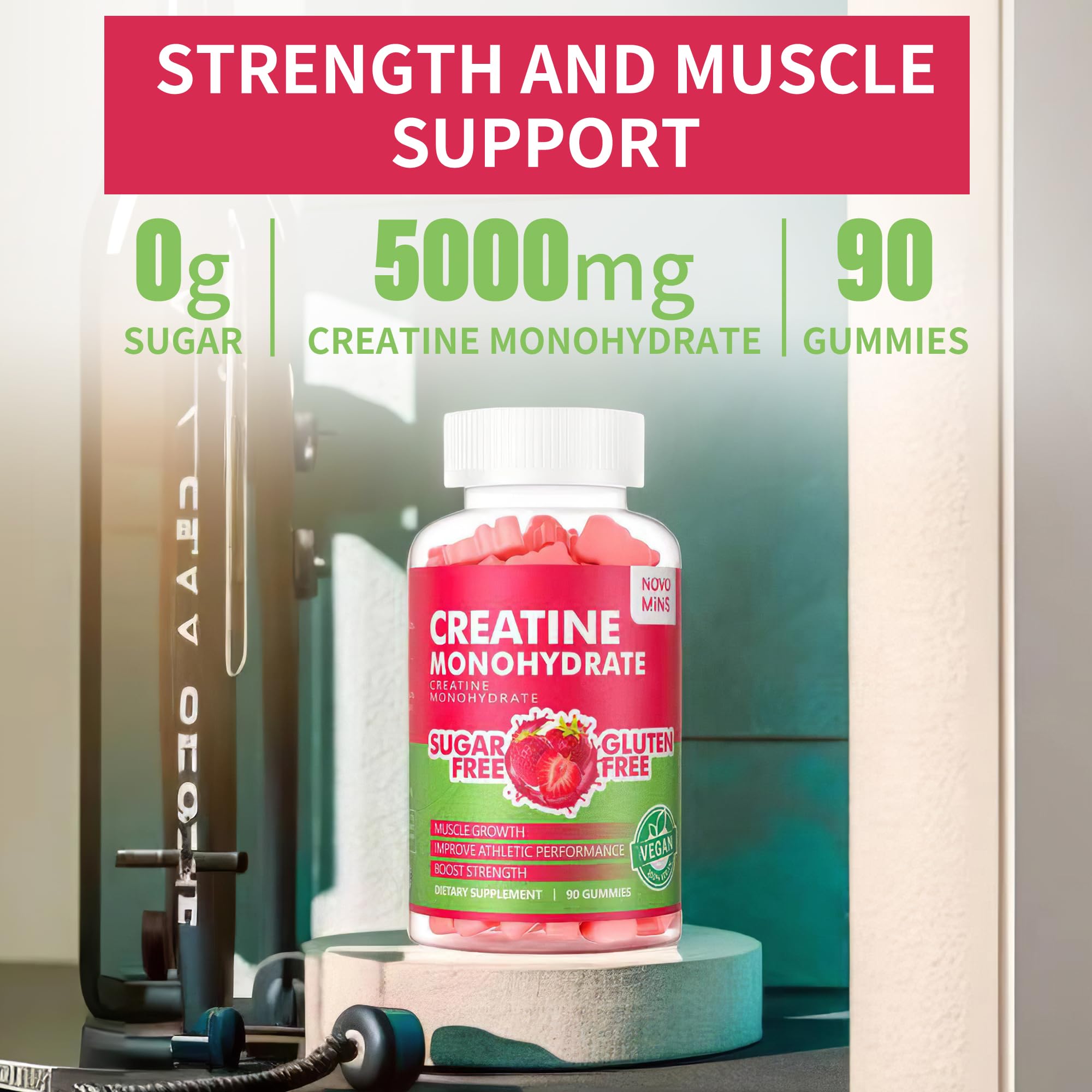 Novomins Creatine Monohydrate Gummies 5000mg for Men & Women, Chewables Creatine Monohydrate for Muscle Strength, Muscle Builder, Energy Boost, Pre-Workout Supplement(90 Count)-Strawberry Flavor