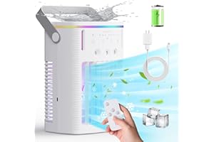 Yestono Portable Air Conditioners Rechargeable,5000mAh 3-Speed Small AC Fan,Portable Air Cooler with Remote,Timer function,7-Color Night light,3-Level Mist modes,Personal AC for Office,Camping.