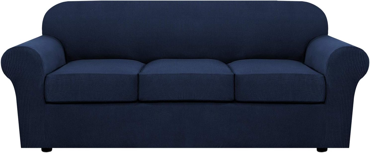 Slipcovers - H.VERSAILTEX 4 Piece Stretch Sofa Covers for 3 Cushion Couch Covers for Living Room Furniture Slipcovers (Base Cover Plus 3 Seat Cushion Covers) Upgraded Thicker Jacquard Fabric (Sofa, Navy)
