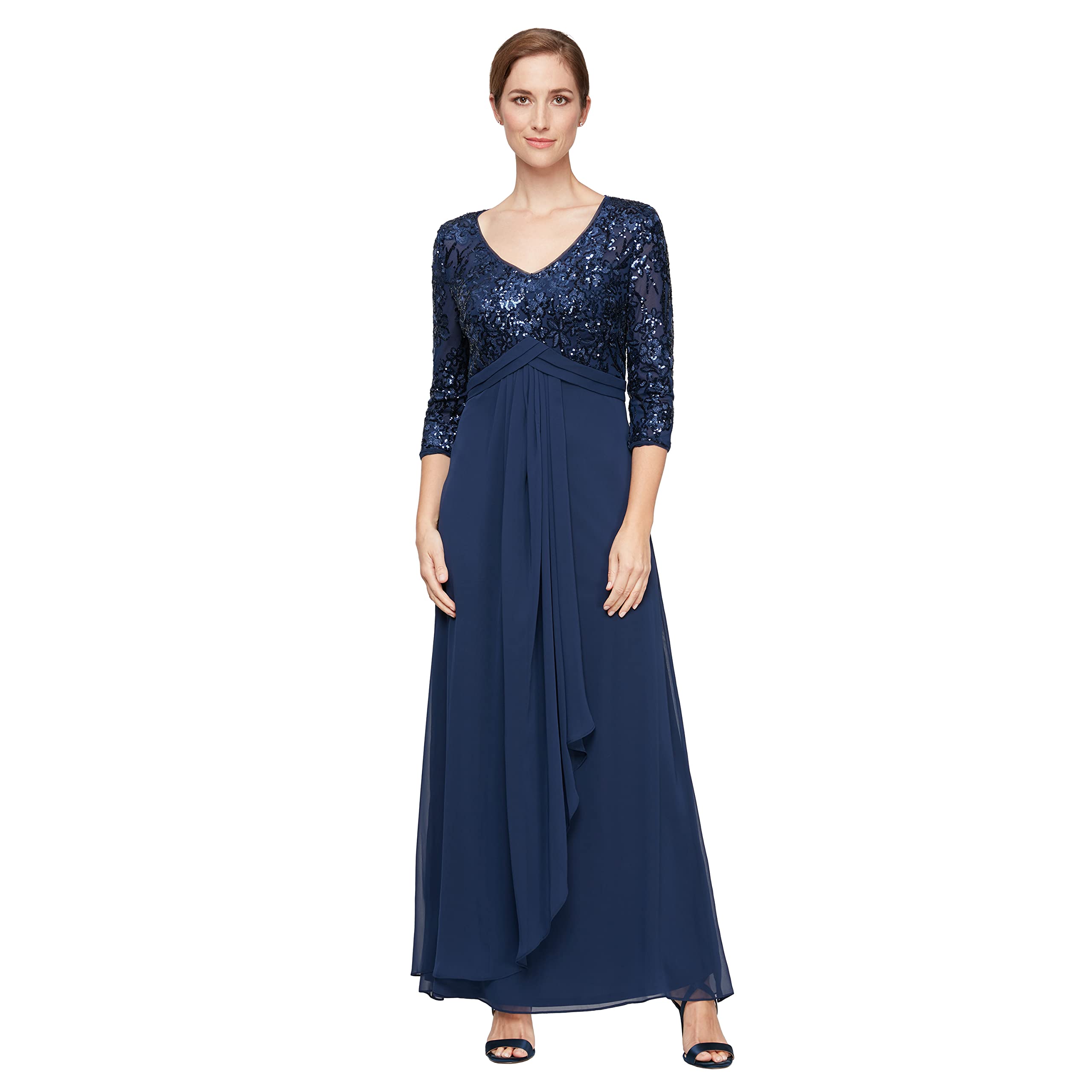 Alex Evenings Women’s Petite Long Lace Top Empire Waist Dress, Navy Sequin, 14P