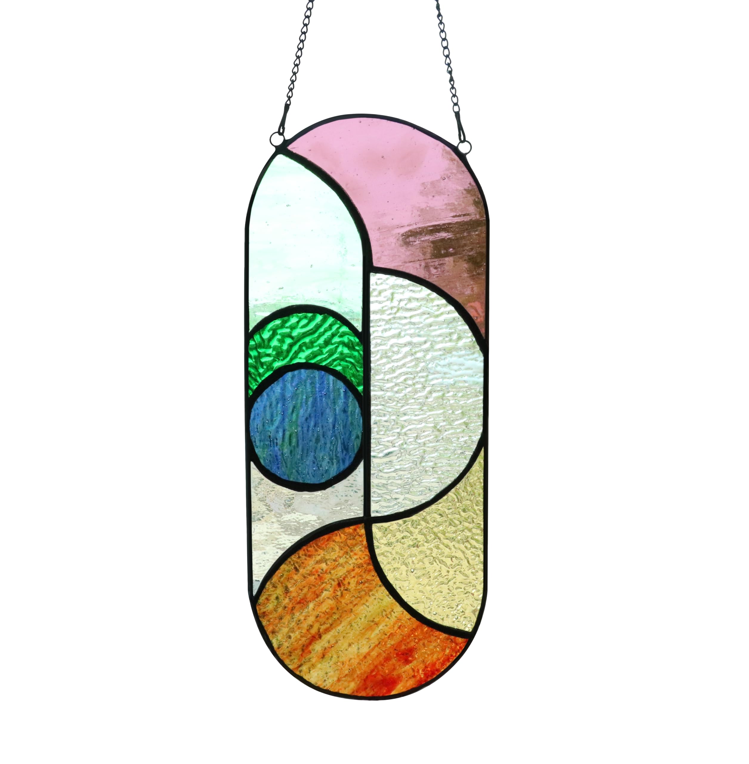 Photo 1 of Geometric Design Style Suncatchers Stained Glass Window Panel,Beautiful Fairshaped Tiffany Style Stained Glass Window Hanging with Chain (Flowing Color)