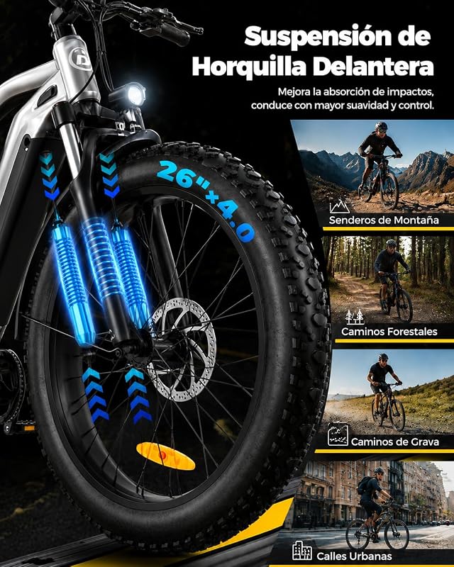 D6 Bicicleta Eléctrica, 26x4” Bici Electrica Adultos Montaña, Batería de 48V 15Ah, Motor 250W, 7 Velocidades, Horquilla de Suspensión, Frenos de Disco Hidráulicos (Negro)