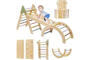 AMAZINGJOY Pikler Triangle Set 7 in 1 Wooden Climbing Toys for Toddlers 1-3 Inside Baby Climbing Gym Montessori Foldable Climbing Set Baby Jungle Gym Indoor Philosophy Climber with Arch & Ramp & Ladder Climber