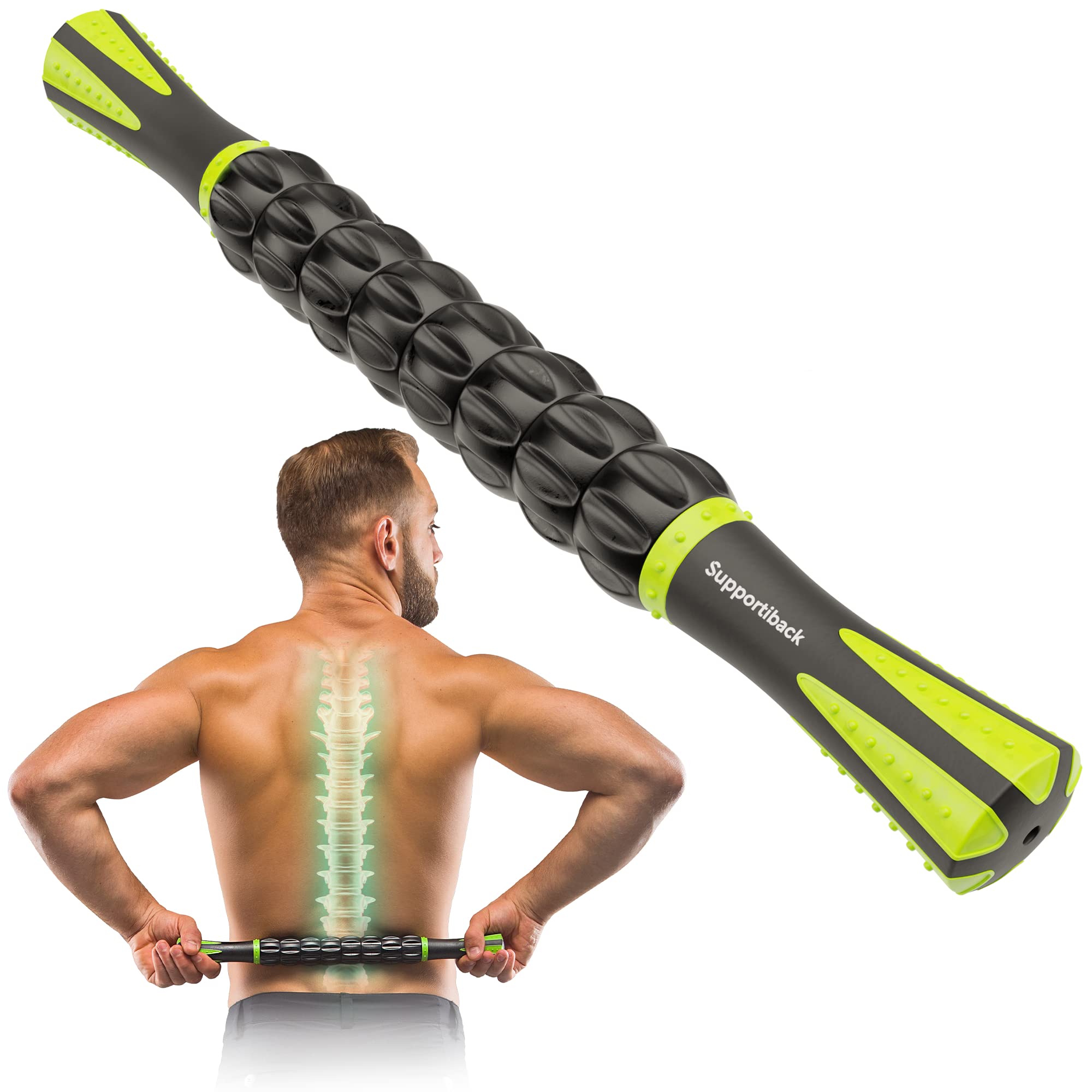 Supportiback 𝗧𝗘𝗡𝗦𝗜𝗢𝗡-𝗥𝗘𝗗𝗨𝗖𝗜𝗡𝗚 Muscle Therapy Massage Stick - 360° Coverage - Ridged Gears for Deep Release - BIO-Based & Carbon-STRENGTHENED - Physiotherapist Designed