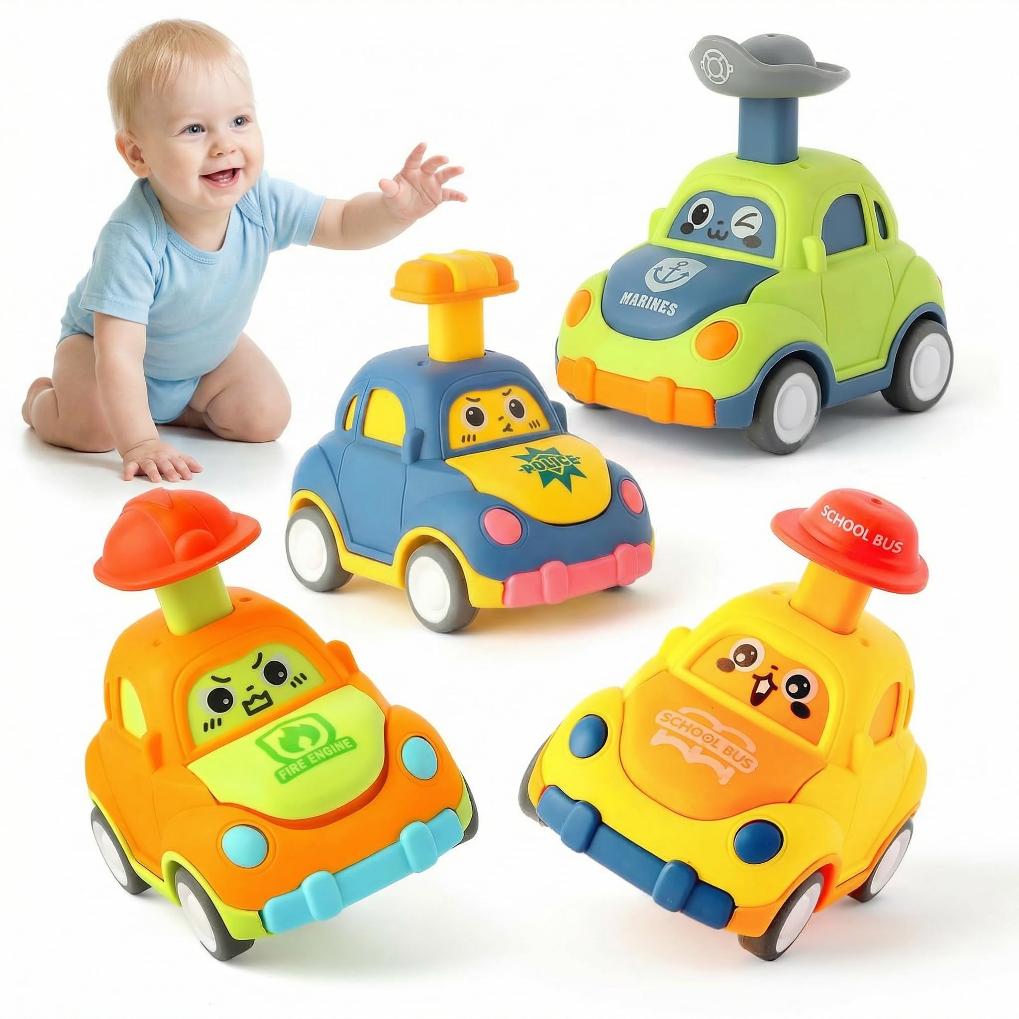 TGXLAK Baby Toy Cars, 4Pcs Cartoon Wind Up Car for 1 2 3 Year Toddler, Educational Toy Cars for Boys and Girls, Birthday Gifts for 1-3 Years, Gifts for 12-18 Months Kids & 1 Year Old Boys