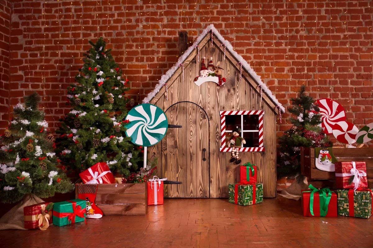 BELECO 10x6.5ft Fabric Christmas Backdrop Christmas Interior with Wooden House Candy Tree Gifts Photography Backdrop for Family Holiday Celebration New Year Event Party Photo Background Photo Studio