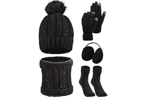 SATINIOR 5 Pcs Winter Hat Scarf Gloves Set Fleece Lined Knit Beanie Hat Warm Touch Screen Gloves Earmuff Warmer for Women(Black,Classic Style)