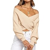 BTFBM Off The Shoulder Sweater for Women Winter Fall Fashion 2026 V Neck Long Sleeve Ribbed Knit Wrap Cropped Sweaters