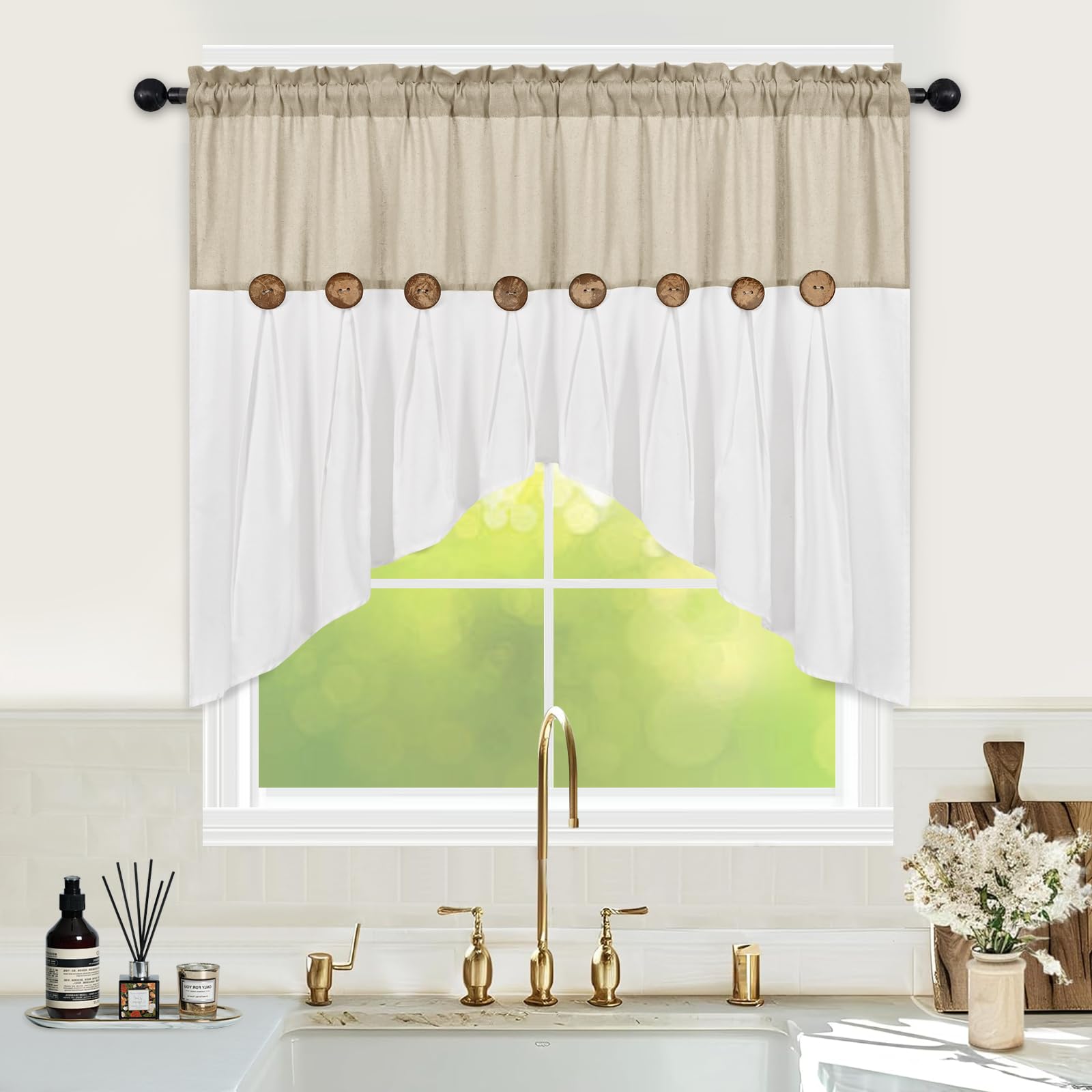 Photo 1 of FRAMICS Farmhouse Swag Curtain, Boho Cotton Linen Valance Curtain, Rustic Button Window Valance for Kitchen, Country Rod Pocket Valances for Windows Bathroom Bedroom, Linen and White, 52 x 36 Inch