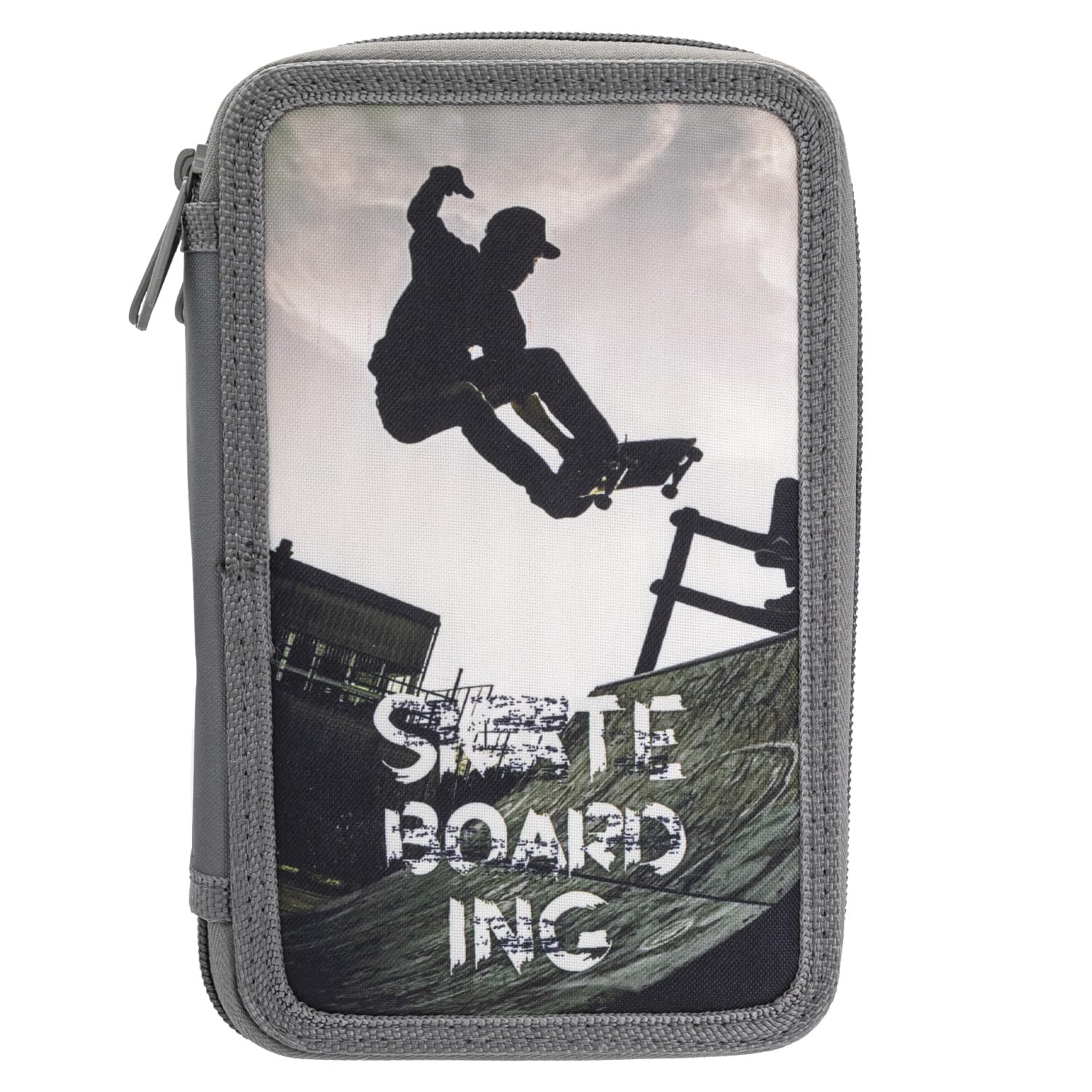 Idena 20123 – Triple Pencil Case with 3 Compartments with Zip, Skateboard Design, Pencil Case Filled with 47 Pieces, Grey, Multicoloured