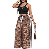 BEAUDRM Women's Plus Size Leopard Baggy Pants Y2k Stripe Cheetah Pants Tie Front Wide Leg Loose Trousers