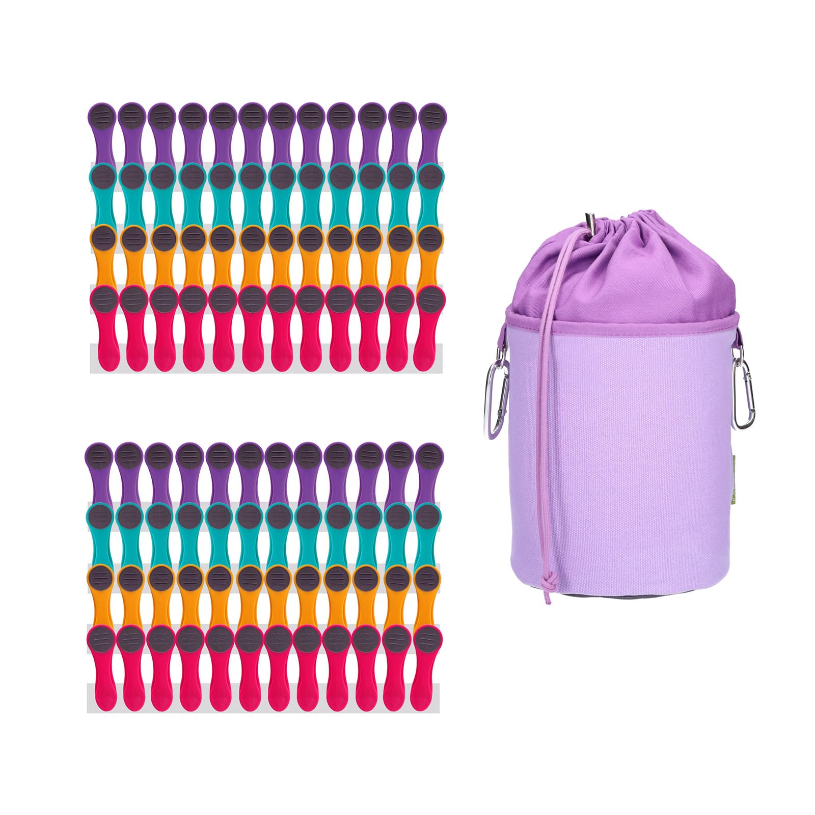 96 Clothes Pegs with Compression Springs Made of Stainless Steel, Soft Touch Colourful, 1 Canvas Clothes Peg Bag, Purple Grey