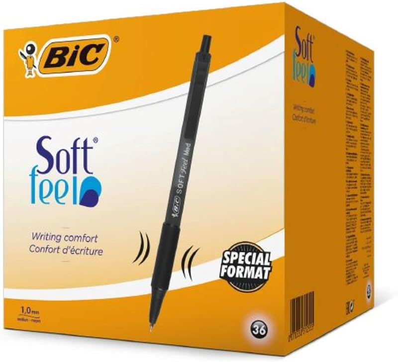 BIC Soft Feel Ballpoint Pens 1.0mm Medium Point Black Barrel Box 36