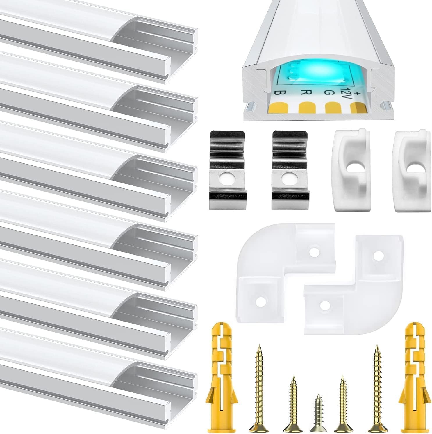 Chesbung 6 Pack U Shape Led Aluminum Profile for LED Strips, 1Meter/3.3ft Led Aluminum Channel with Milky White Cover, Led Track Diffusers with End Caps, Mounting Clips and 90 Degree Corner Connector