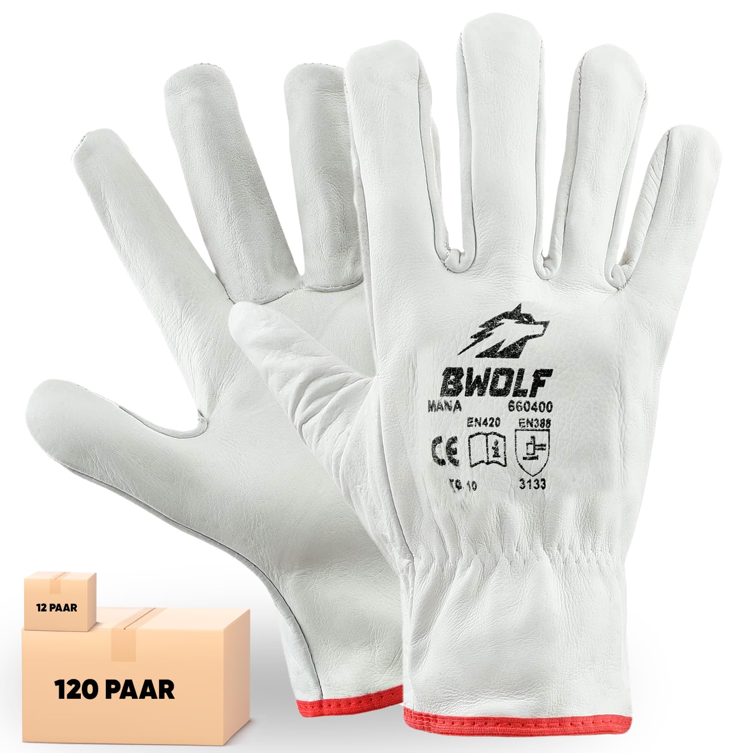 BWOLF MANA 12 pairs of Leather Work Gloves, Unisex, Large, Pack of 12