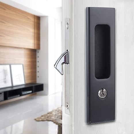 Amazon Ccjh インビジブル 凹型ドアハンドルロック スライド式バーンドア用 木製ポケットドア 鍵3つ付き ドアロック 家具用金具 ブラック ドア用金物