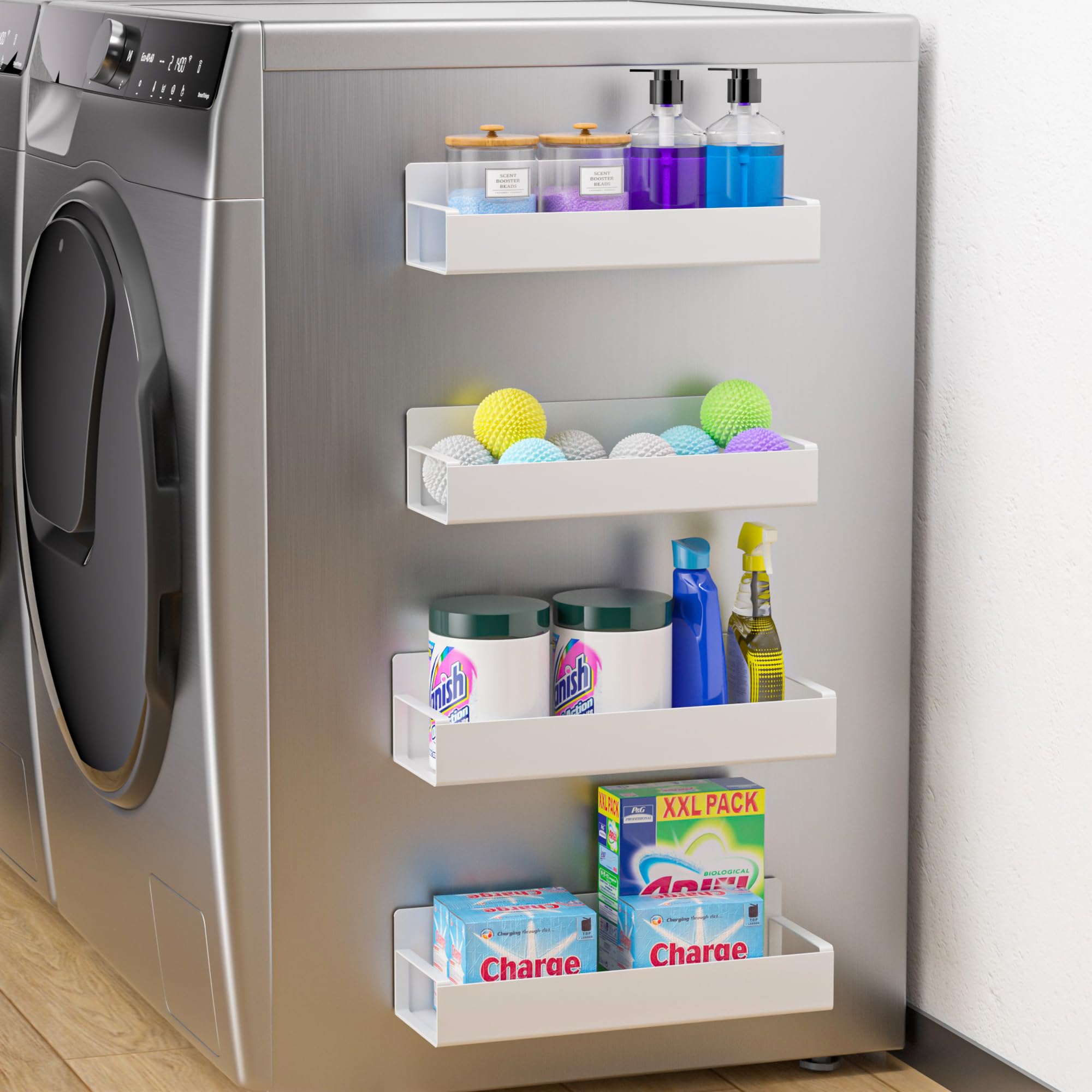 Photo 1 of Vetacsion 4 Pack Magnetic Laundry Organizer, Heavy Duty Magnetic Shelf For Washer And Dryer, White, Iron