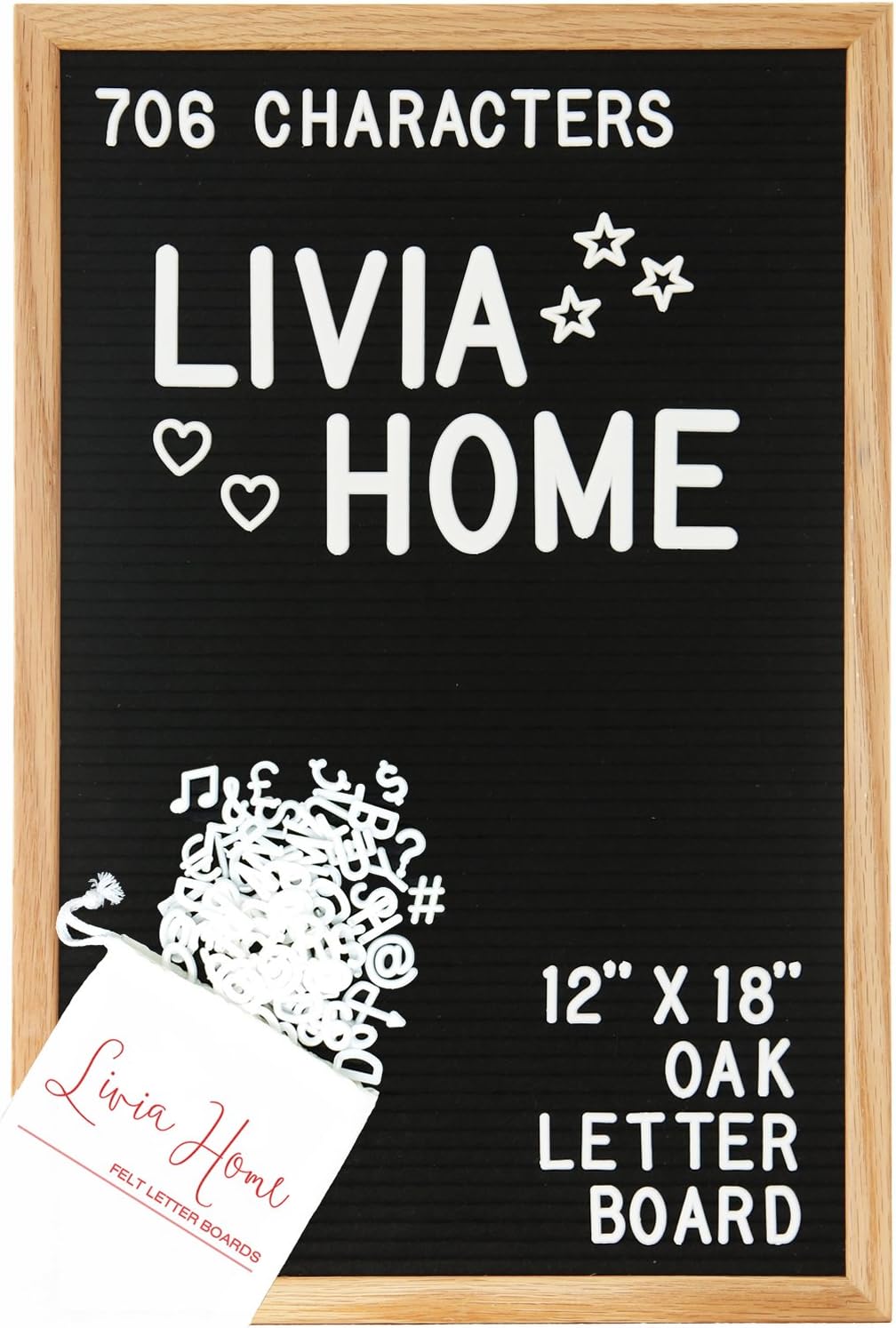 Letter Board - Black Felt Sign with 706 ¾" and 2" White Plastic Changeable Characters - Large Wooden 12 x 18 inch Solid Oak Frame - With 7x5 inch Canvas Bag - Vintage Display by Livia Home