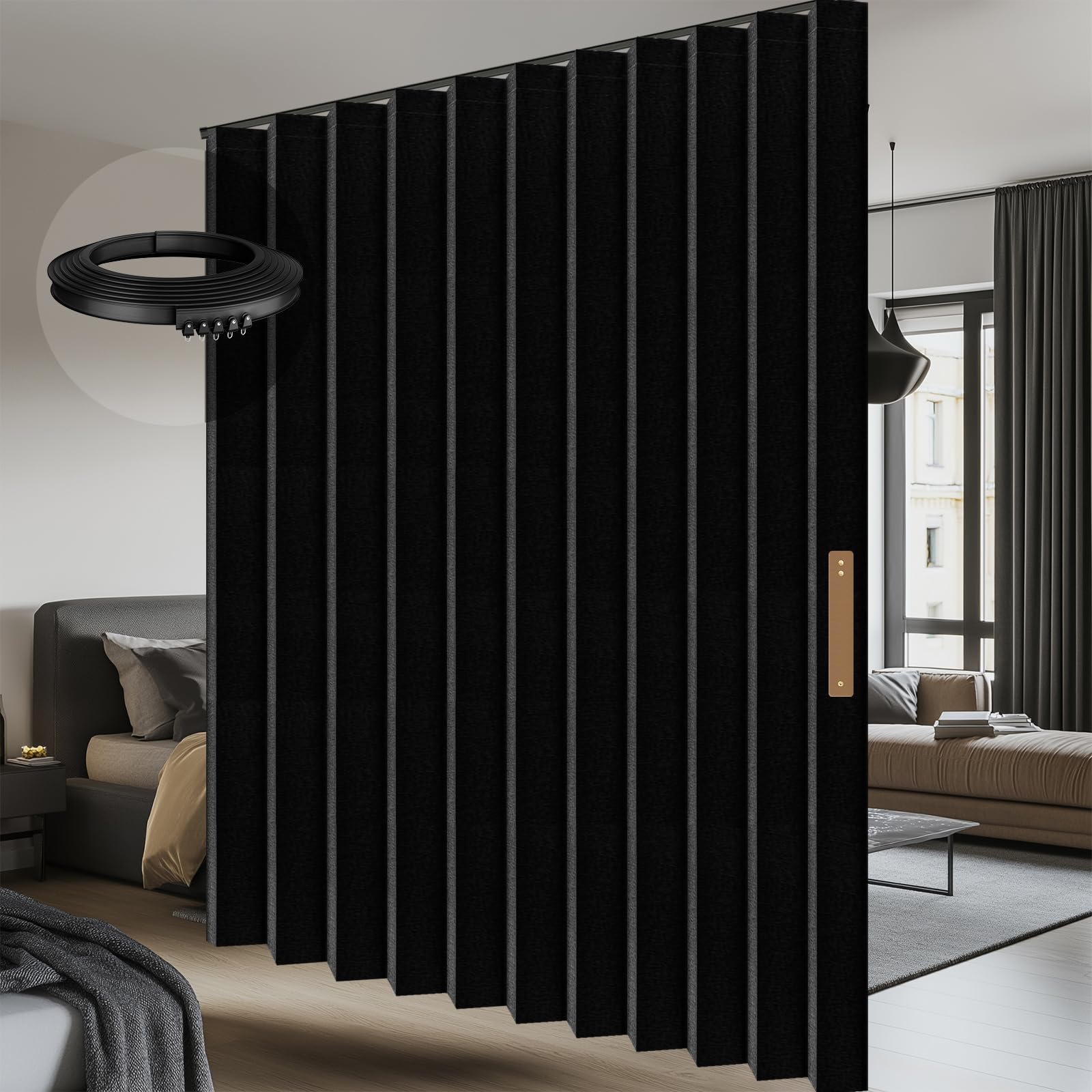 Photo 1 of 100% Blackout Accordion Room Divider Curtains - with Flexible Ceiling Track Total Privacy Sound Proof Curtains Suitable for Bedroom Patio Sliding Door(Black, W100 x L84, 1 Pack)