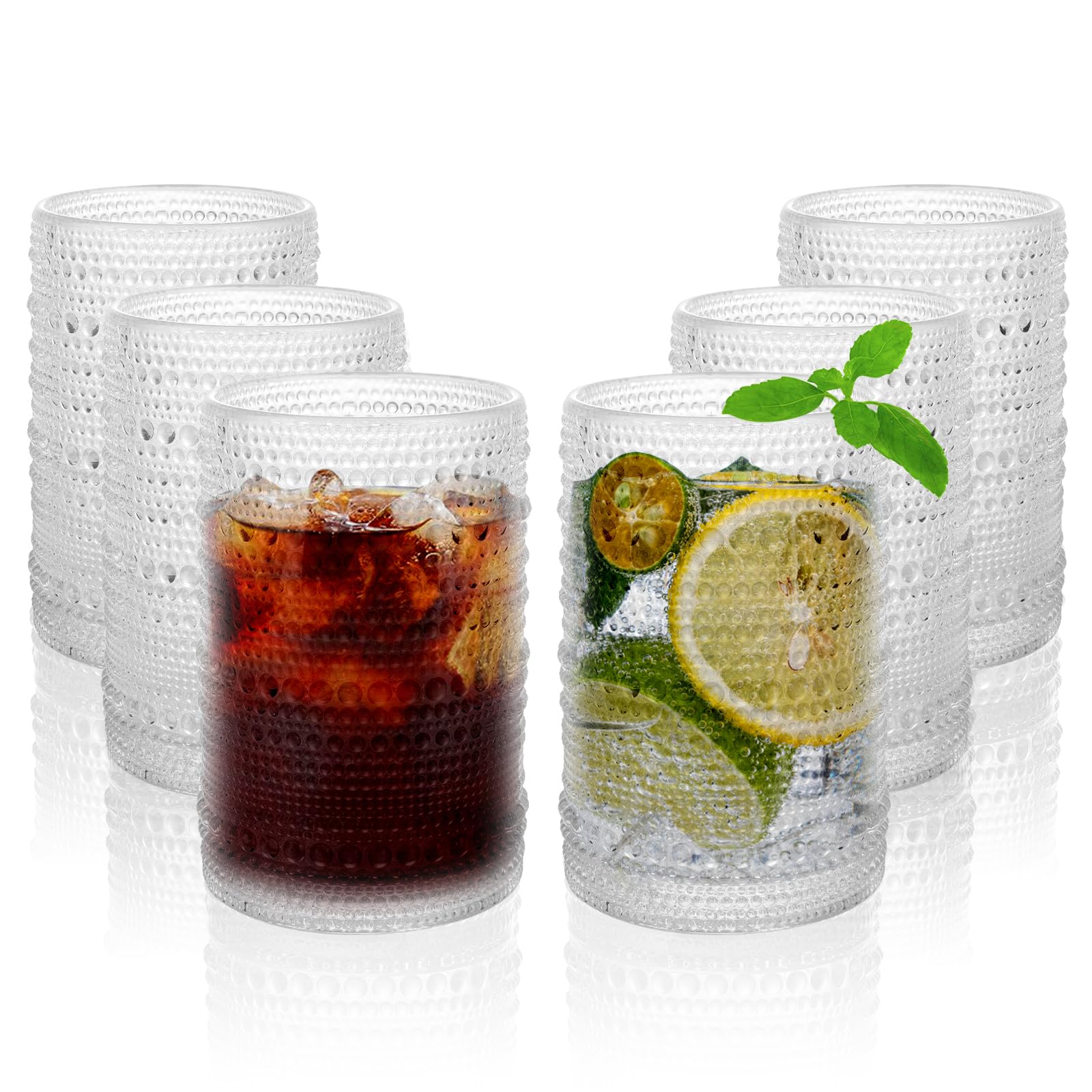 Ulable Hobnail Drinking Glasses, 13.5 oz Clear Drinking Glasses, Vintage Glassware, Water Glasses Set of 6 for Beer, Cocktail, Soda, Whiskey, and Various Mixed Drinks