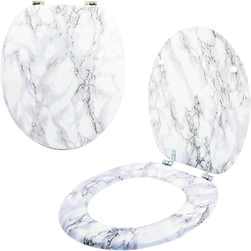 Optimal Products Marble Effect Toilet Seat Antibacterial Chrome Hinges Easy