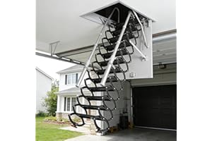 Ceiling Mounted Attic Ladder with Armrests, 12 Steps Pull Down Attic Ladder, Retractable Ceiling Stair with Pulling Rod, Tele