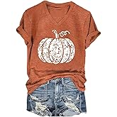 Fall V Neck T-Shirts Women Halloween Graphic Shirts Cute Pumpkin Ghost Tees Funny Holiday Family Short Sleeves Tops