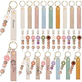 Wavyknot 24 Pcs Daisy and PU Leather Beadable Keychain Bars Bulk Laser Engraving Blanks Keychain Kit for DIY Crafts Jewelry