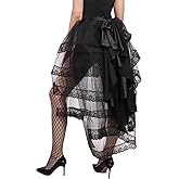 FURPHI Gothic Steampunk Tulle Bustle Skirt Lace Victorian Tie-on Tutu with Big Black Bow Halloween Costume Accessory
