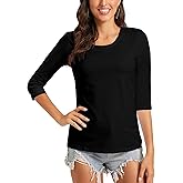 LINDLOOK Women's Casual Round Neck 3/4 Sleeve Basic T Shirt Solid Plain Cotton Tops
