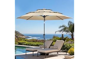 wikiwiki 9 FT Patio Umbrellas 3-Tiers Outdoor Table Market Umbrella with Push Button Tilt/Crank, Fade Resistant Waterproof POLYESTER DTY Canopy for Garden, Lawn, Deck, Backyard & Pool, Beige
