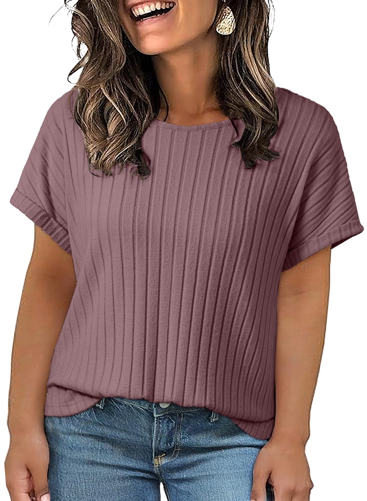 Photo 1 of ** USED** Eytino Women's Plus Size Tops Classic Round Neck Roll Up Short Sleeve Loose Casual Ribbed Knit Shirts,2X Toadstool