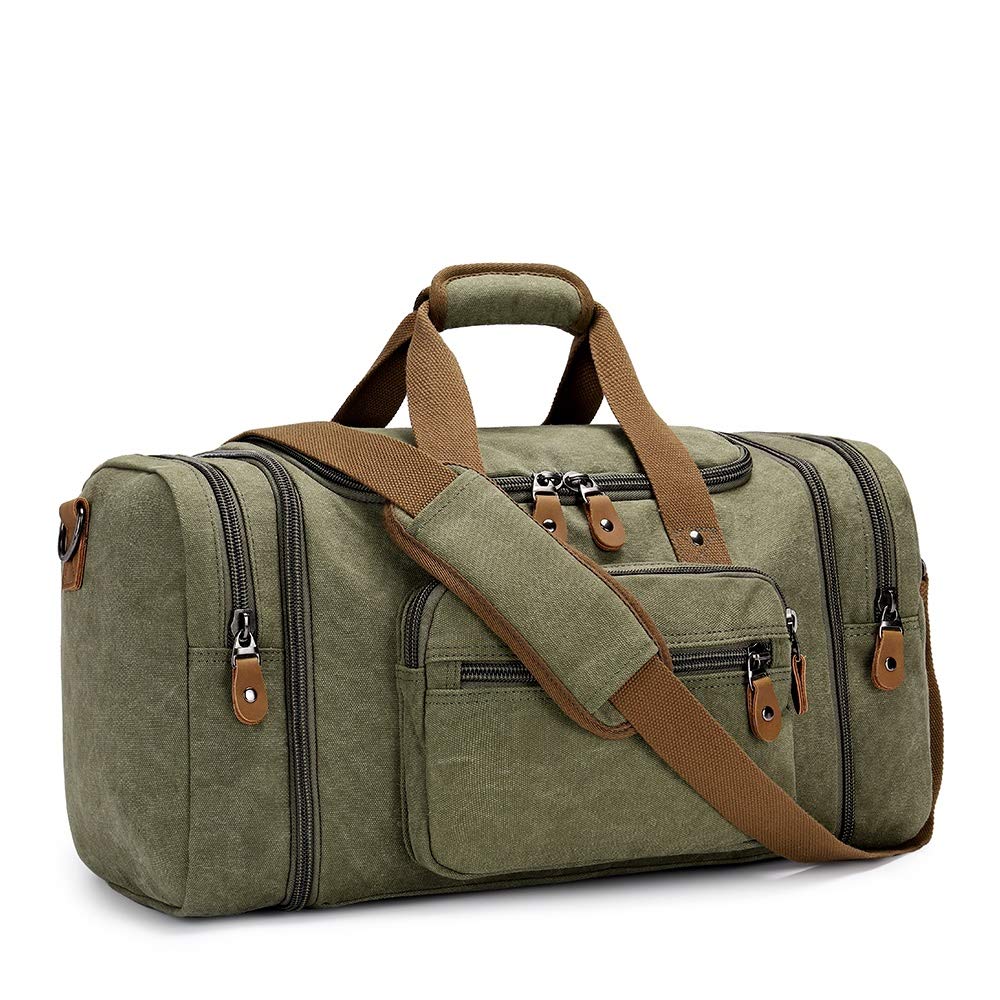 Gonex Expandable Canvas Holdall for Men, 40L/50L Large Duffel with Multi-Pockets, Overnight Weekend Bag, Unisex Weekender, Army Green