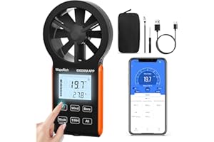 Wind Speed Anemometer Bluetooth, WapoRich Handheld Wind Gauge Measures Humidity/Atmospheric Pressure/Temp/Dew Point/Wind Chill/Altitude with MAX/MIN/AVG for Hunting Sailing Drone - RQ-6000WM-APP