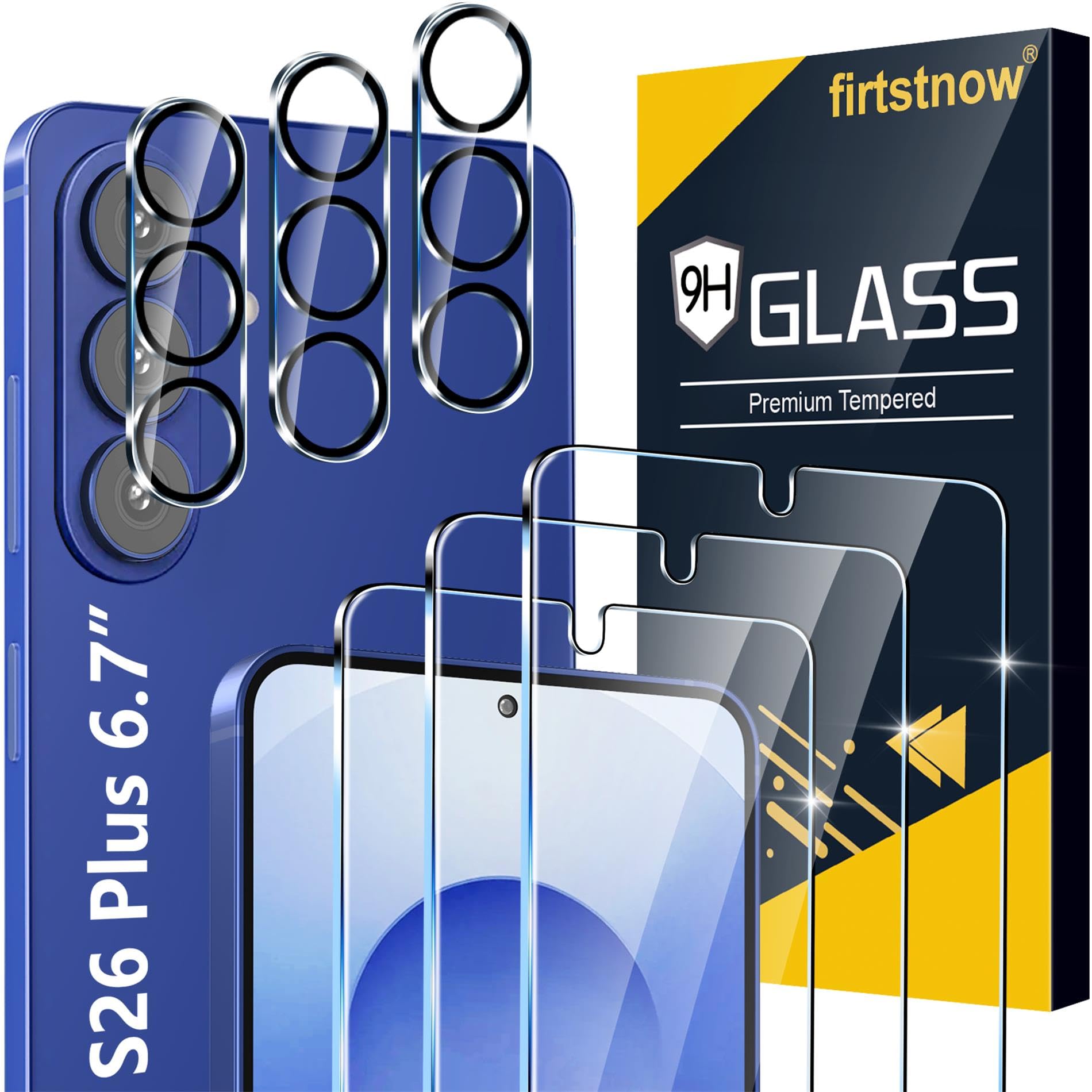Photo 1 of firtstnow 3 Pack for Samsung Galaxy S26 Plus Screen Protector Tempered Glass + 3 Pack Camera Lens Protector, Military Grade Shatterproof, 9H Hardness, Fingerprint Unlock, Case Friendly 6.7 Inch