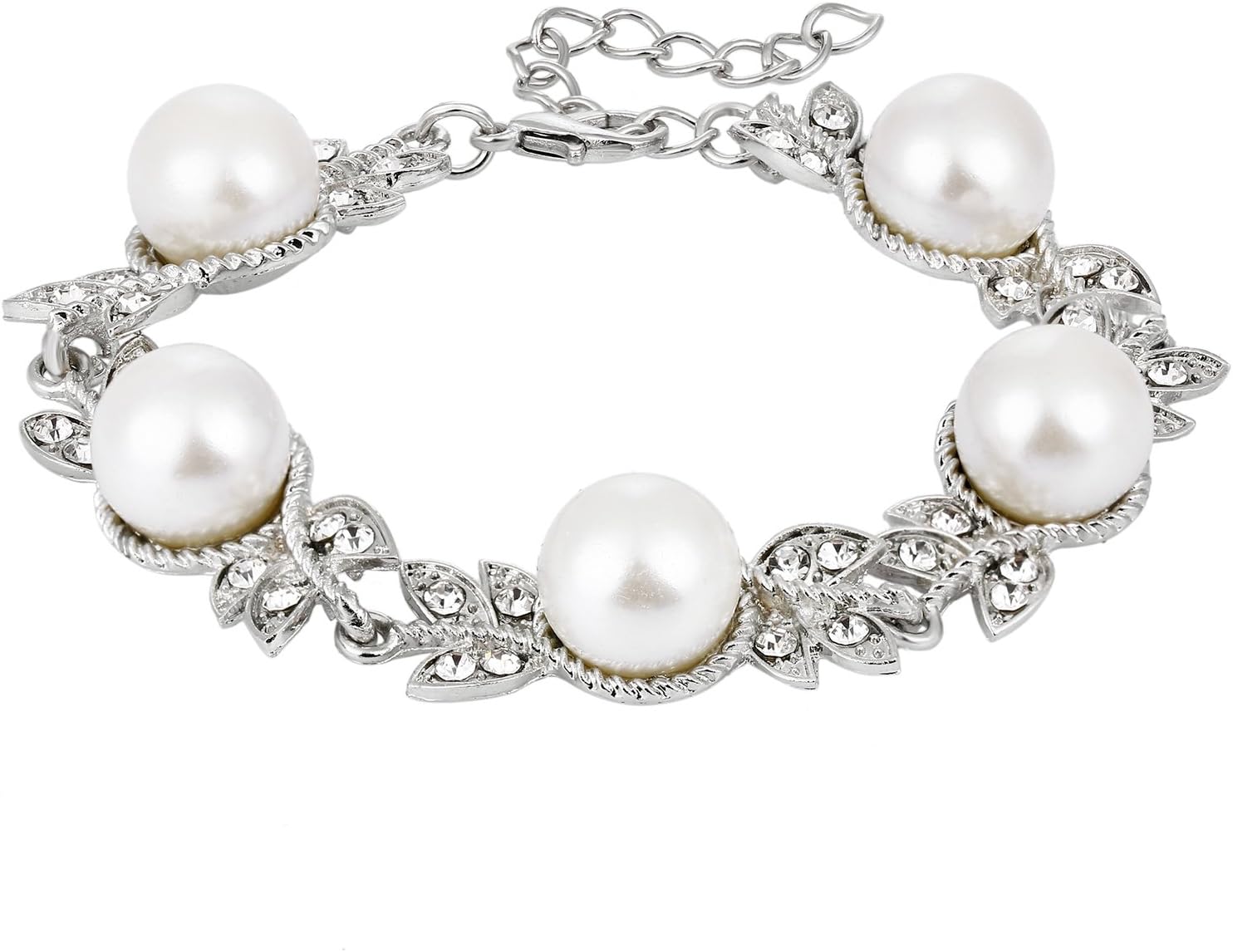 Women's Wedding Bridal Crystal Cream Simulated Pearl Floral Leaf Tennis Bracelet Clear Silver-Tone