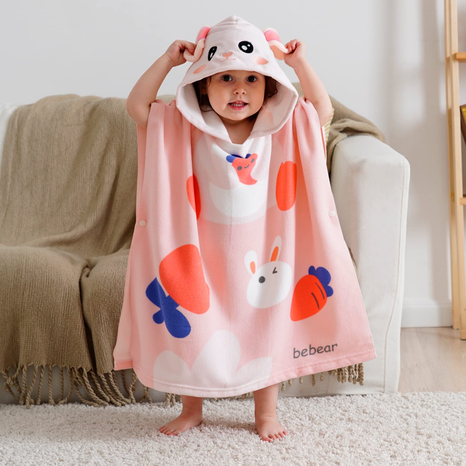 Bebamour Baby Hooded Towels Wearable Hooded Towel for Boys Girls Absorbent Hooded Towel for Toddlers, 25"x 23", 0-6 Years, Rabbit
