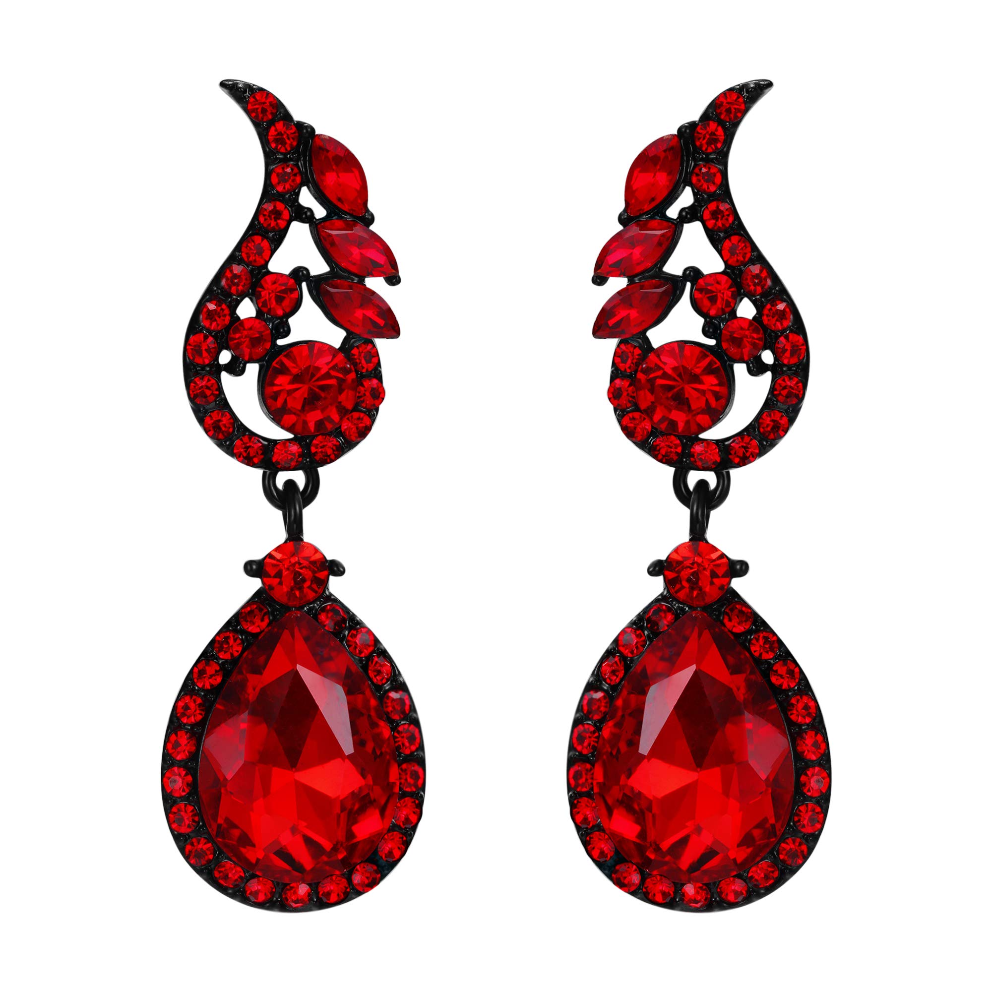 EVER FAITH Wedding Bridal Rhinestone Crystal Floral Teardrop Dangle Earrings for Women Red Black-Tone