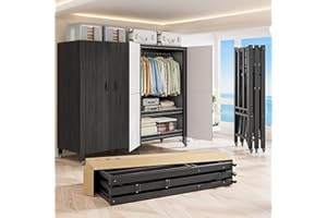 FKKPRVAX Heavy Duty Covered Clothes Rack with Magnetic Door 1500LBS Foldable Portable Wardrobe Closet for Hanging Clothing Rolling Black Metal Garment Rack on Wheels Closet System (Black Door, 59in)