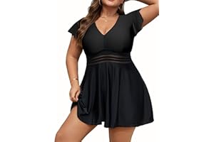 Arolina Women's Plus Size Tankini Swimsuits Swim Dress Mesh Bathing Suits Two Piece Ruffle V Neck Swimwear with Swim Shorts