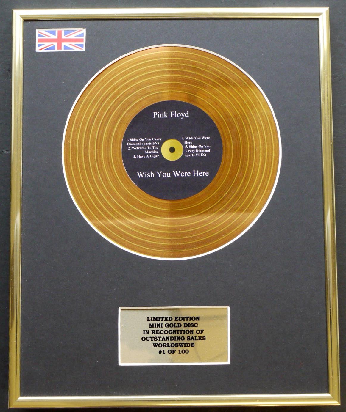 Limited Edition mini gold disc Display PINK FLOYD/MINI GOLD DISC DISPLAY/LIMITED EDITION/COA/WISH YOU WERE HERE